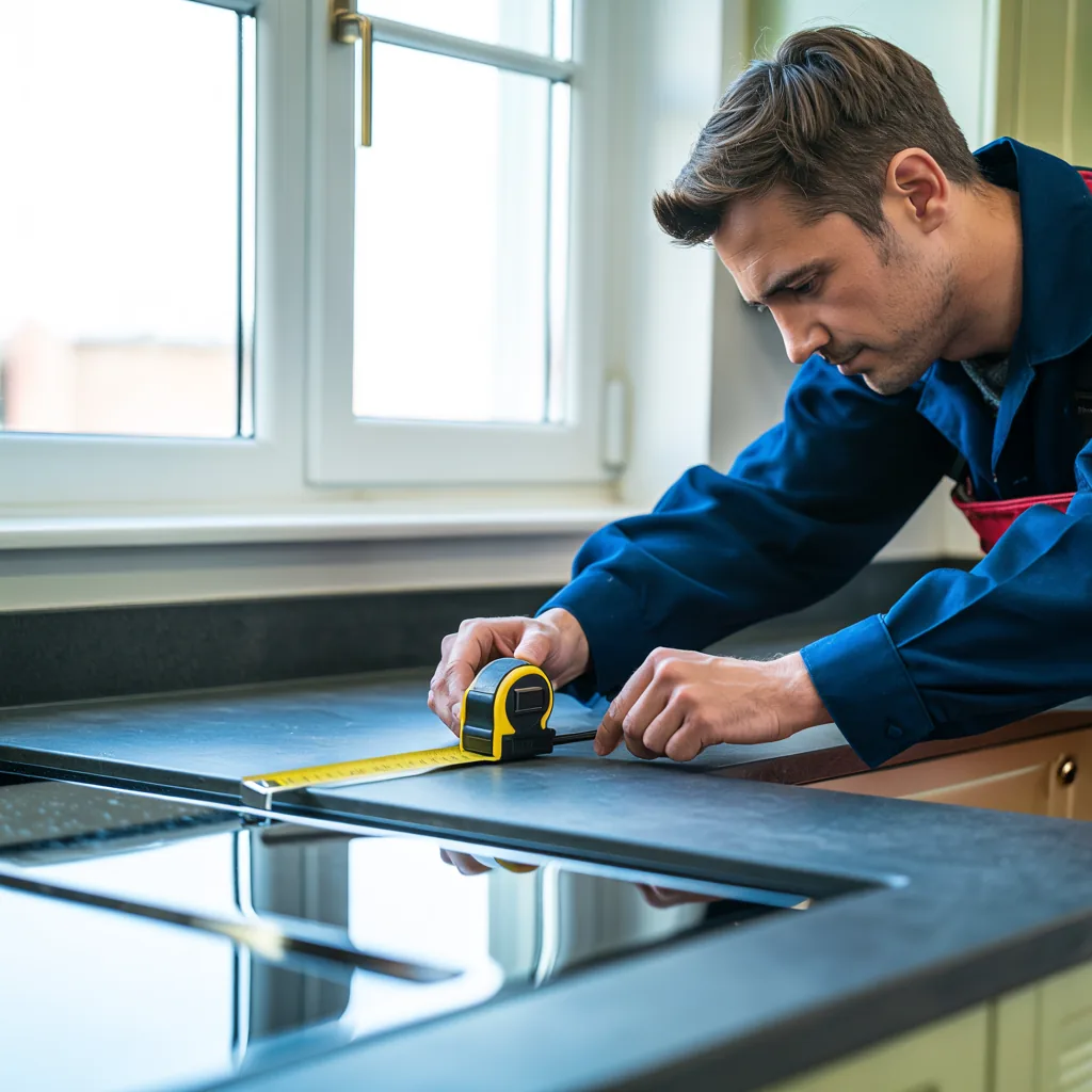 A kitchen fitter measuring a worktop in a Hemel Hempstead kitchen